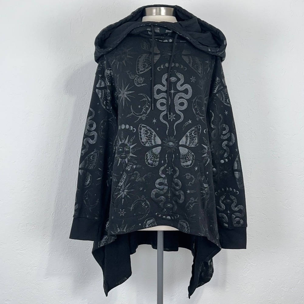 Nighfall Torrid Witchy Celestial Hoodie Size 2 Black Fleece Hi-Low Funnel Neck